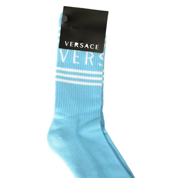 Versace Sky Blue & White Logo Print Athletic Socks sz M - Picture 1 of 2